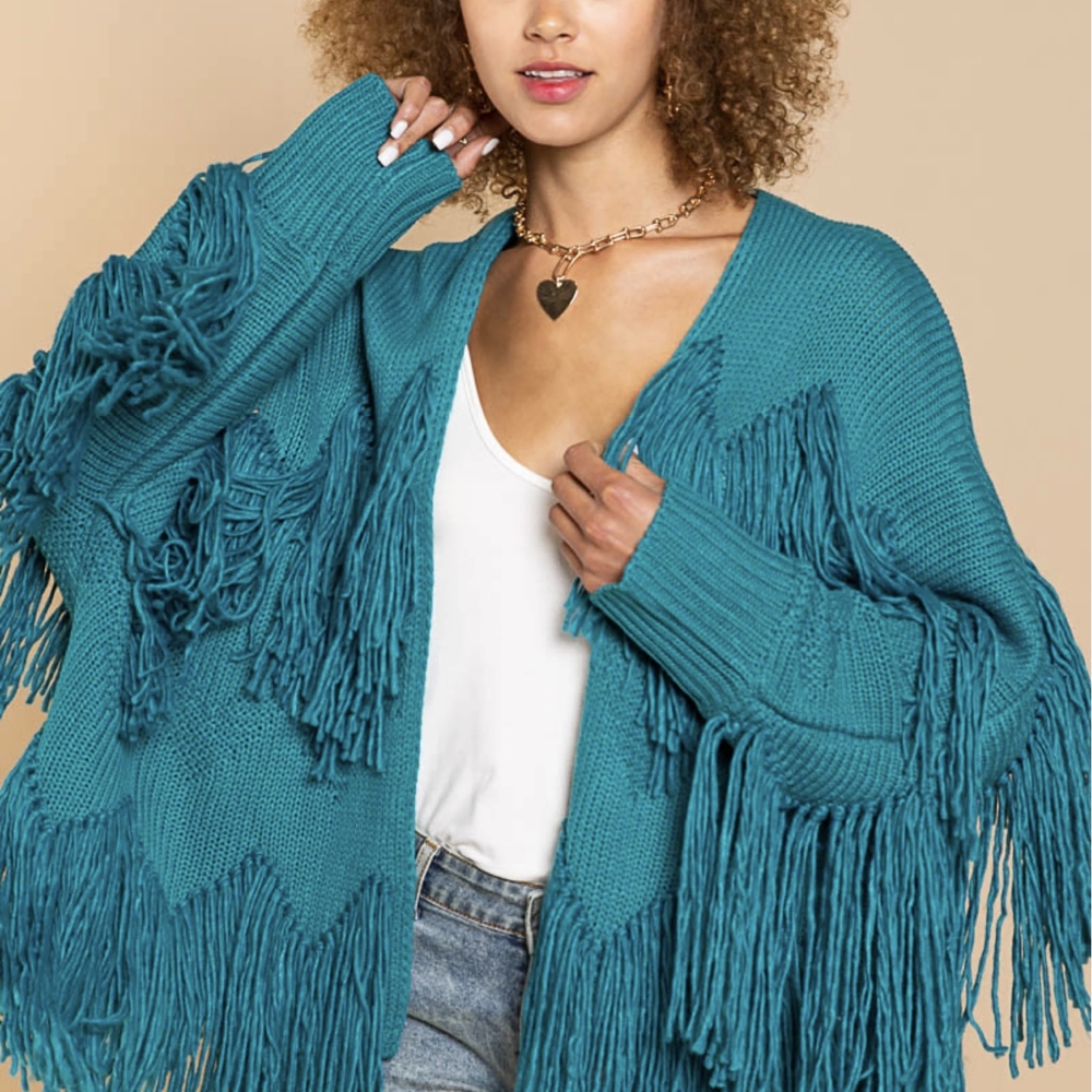 Teal Fringe Knit Sweater - Picture 3 of 7
